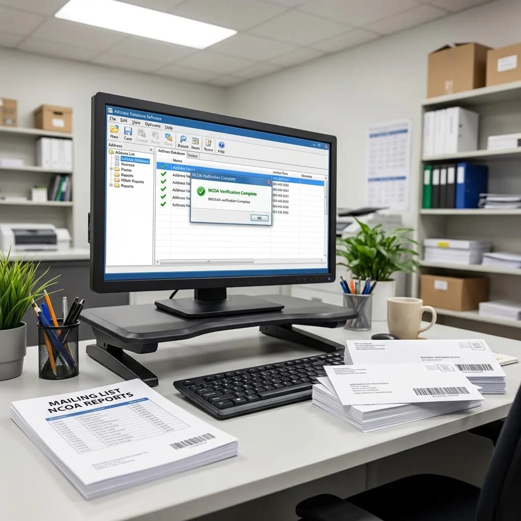 Address verification workstation showing NCOA database processing with barcode-labeled mail pieces