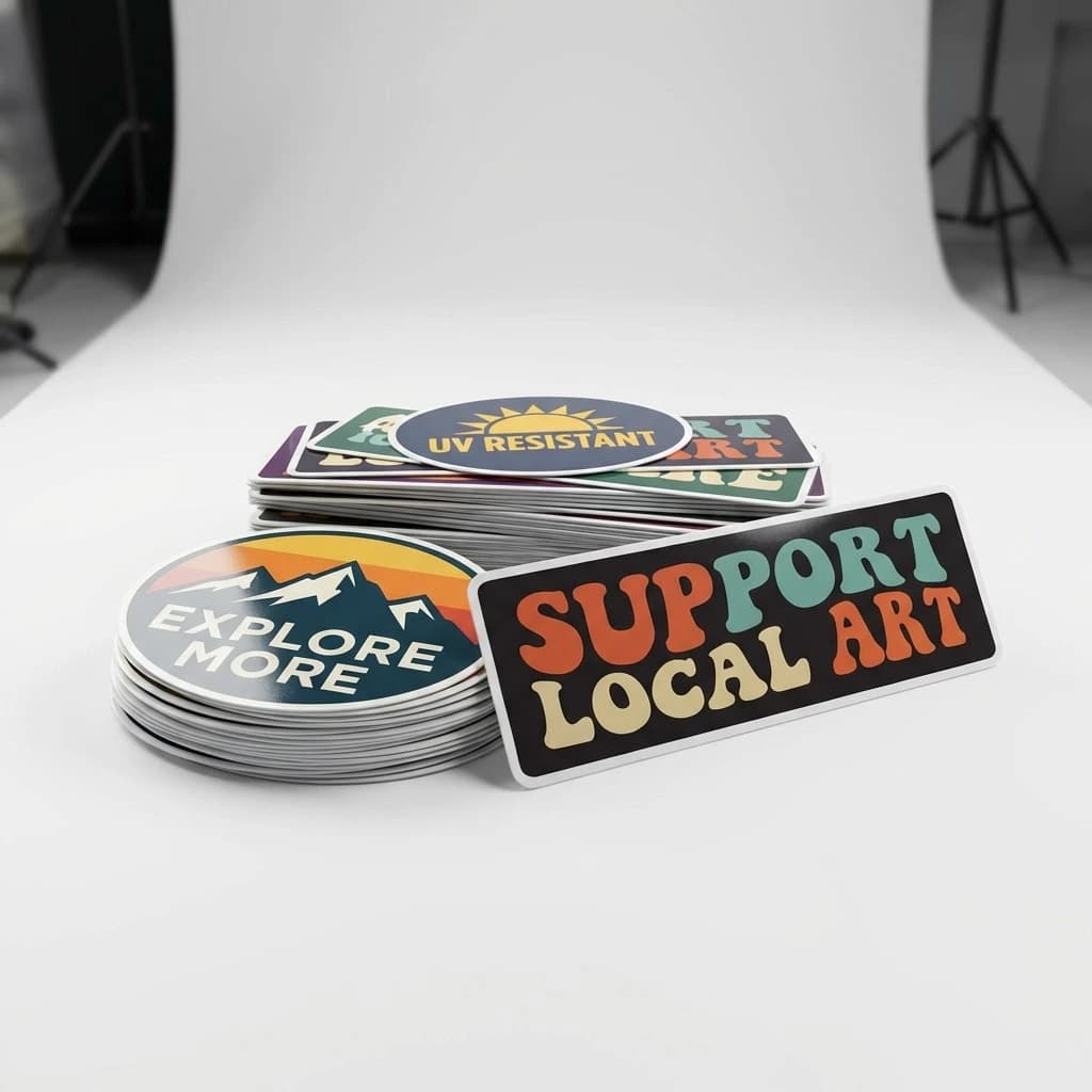 Stacked bumper stickers showing variety of custom designs in oval and rectangular shapes with UV resistant printing