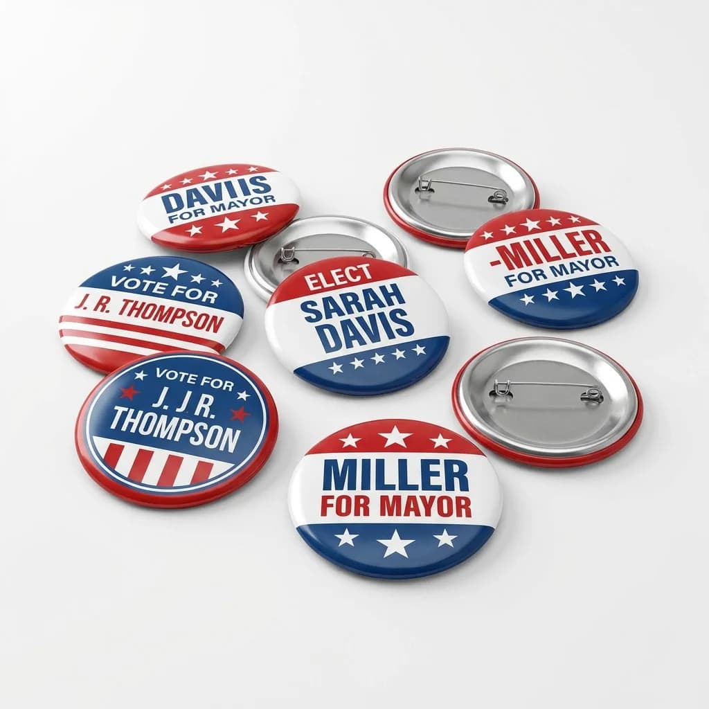 Custom printed campaign buttons and pins with red white and blue designs and fictional candidate names on white background