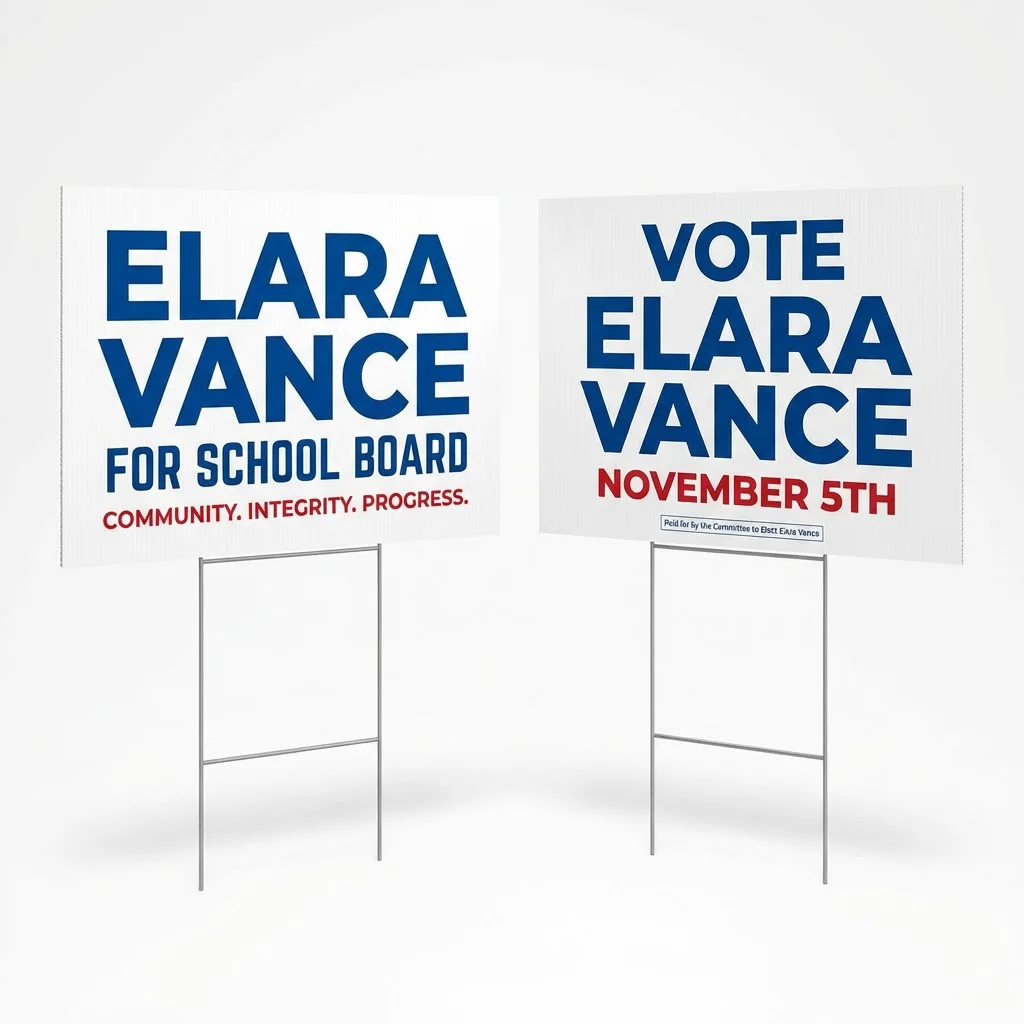 Double-sided campaign yard signs with bold typography for fictional school board candidate on weatherproof corrugated plastic