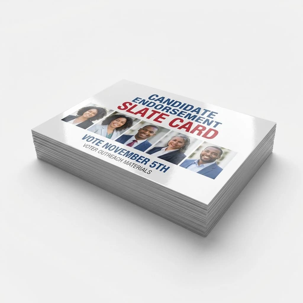 Premium UV-coated election palm cards with candidate endorsement slate design on professional cardstock
