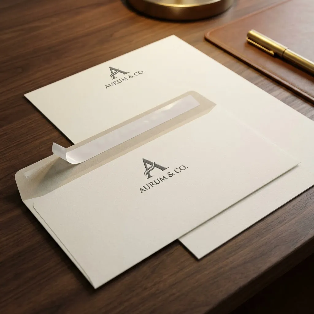 Matching business envelope and letterhead set with self-seal strip on executive desk showing coordinated design