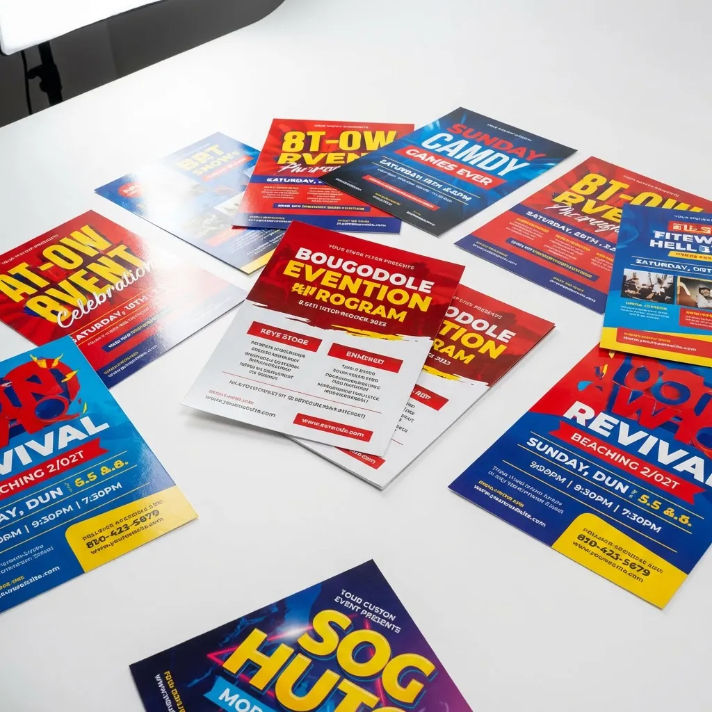 Colorful full-color event promotion flyers in various sizes spread on a table showing vibrant printing quality