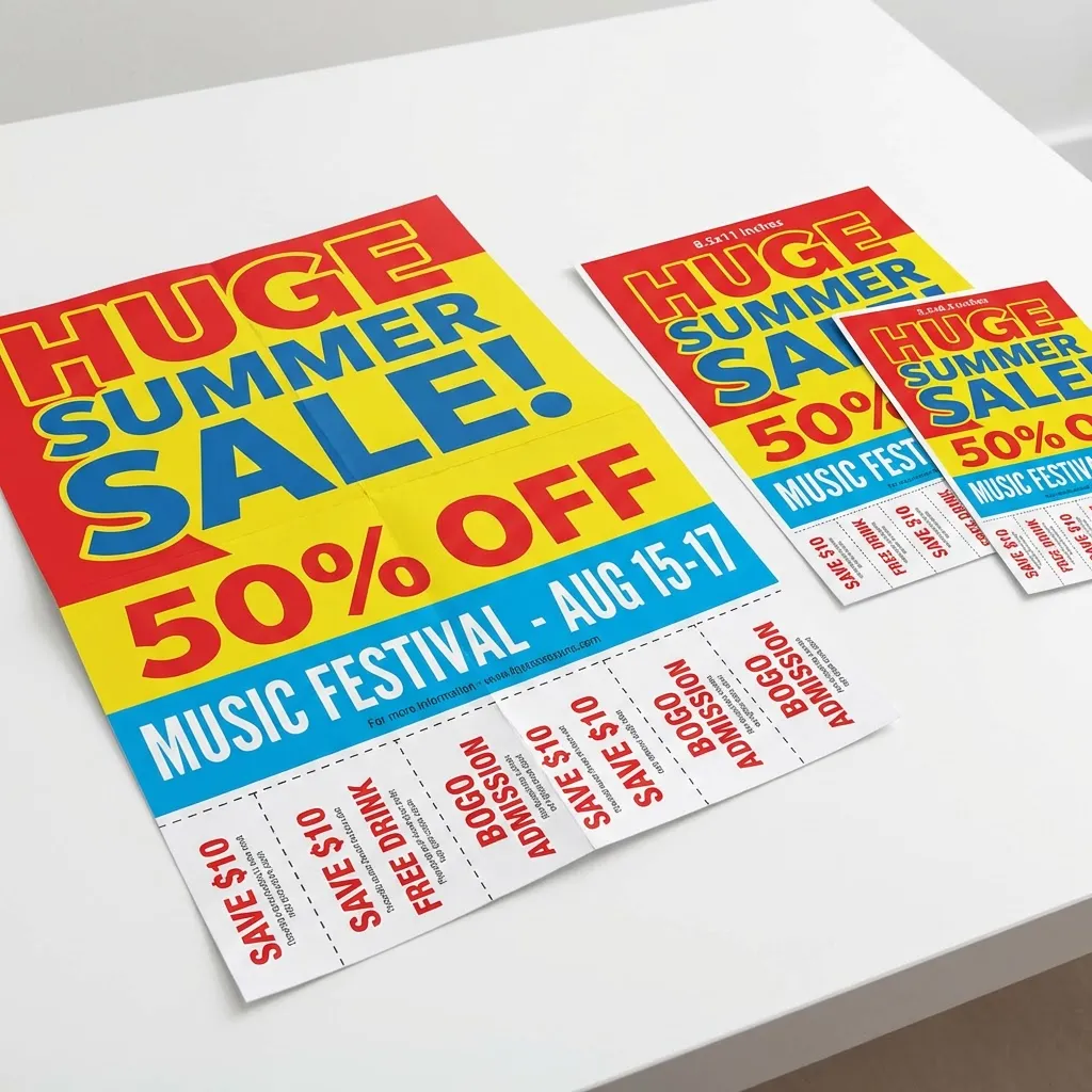 Tabloid and letter-size flyers with perforated tear-off coupon tabs at the bottom in multiple sizes