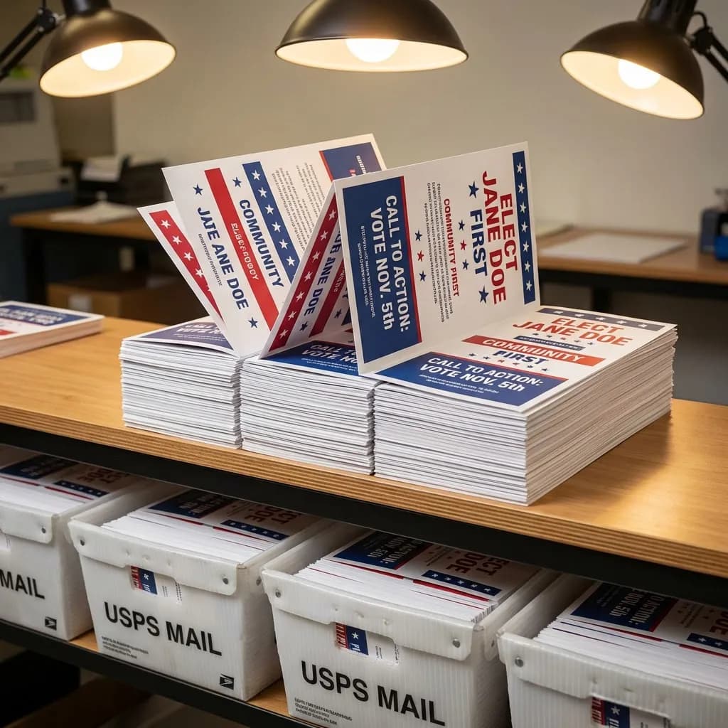 Stack of printed political campaign mailers on sorting table with USPS mail trays ready for bulk mailing