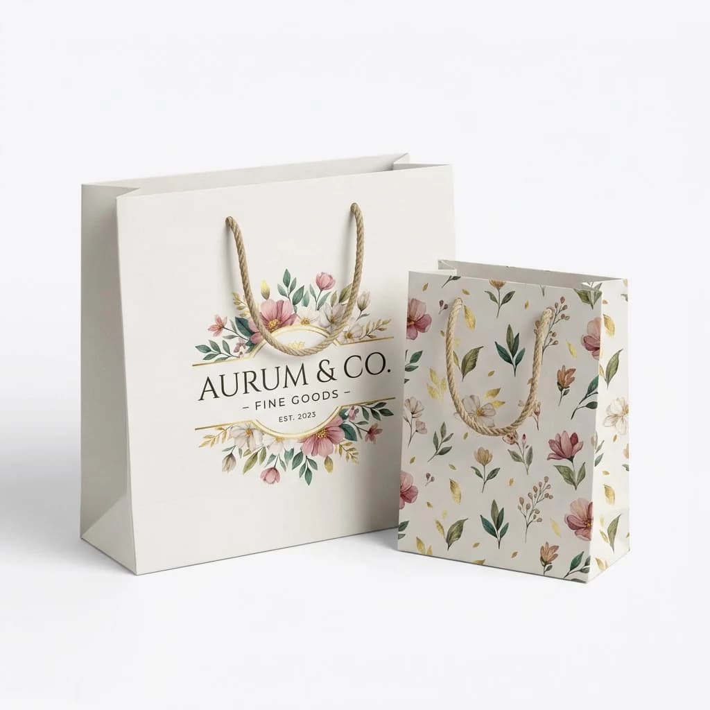 Custom printed paper shopping bags with rope handles featuring luxury retail branding and full color printing