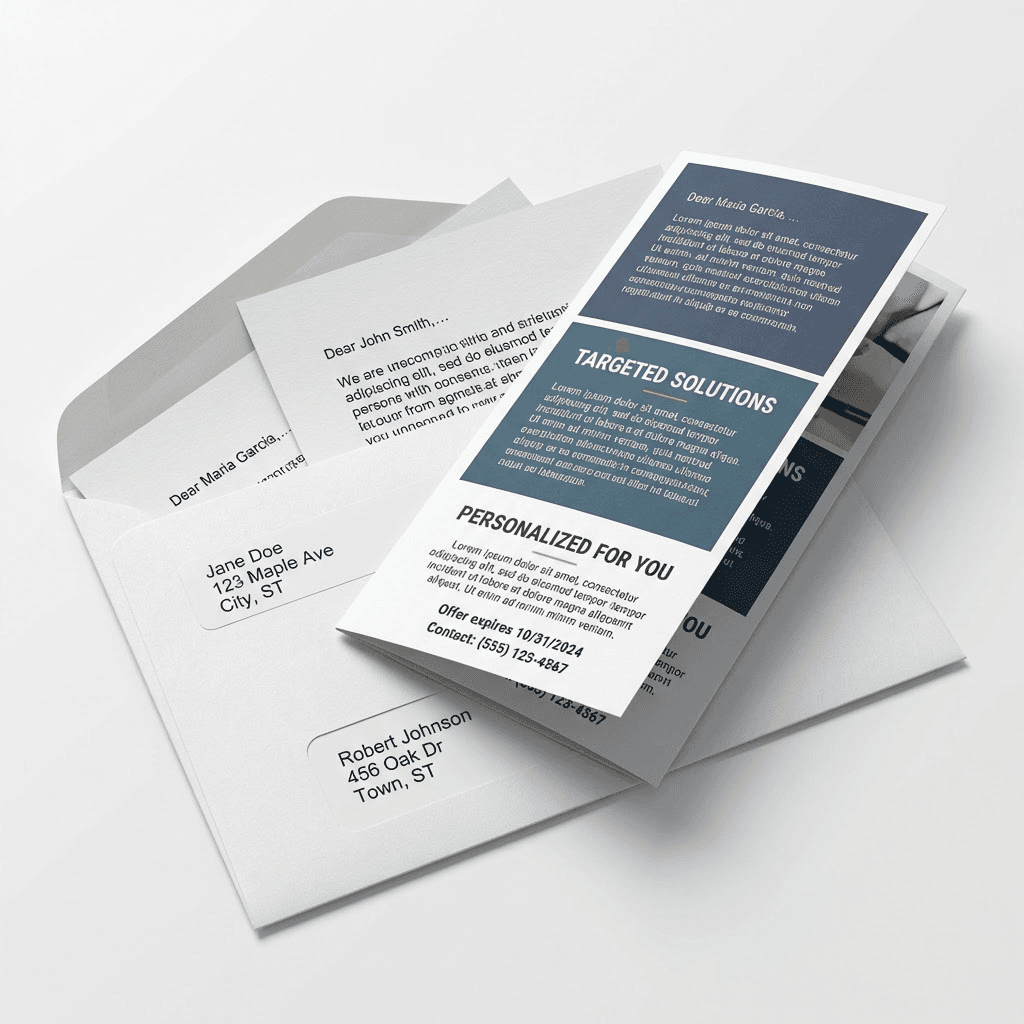 Personalized direct mail package with letter and brochure for targeted mailing campaign showing variable data printing