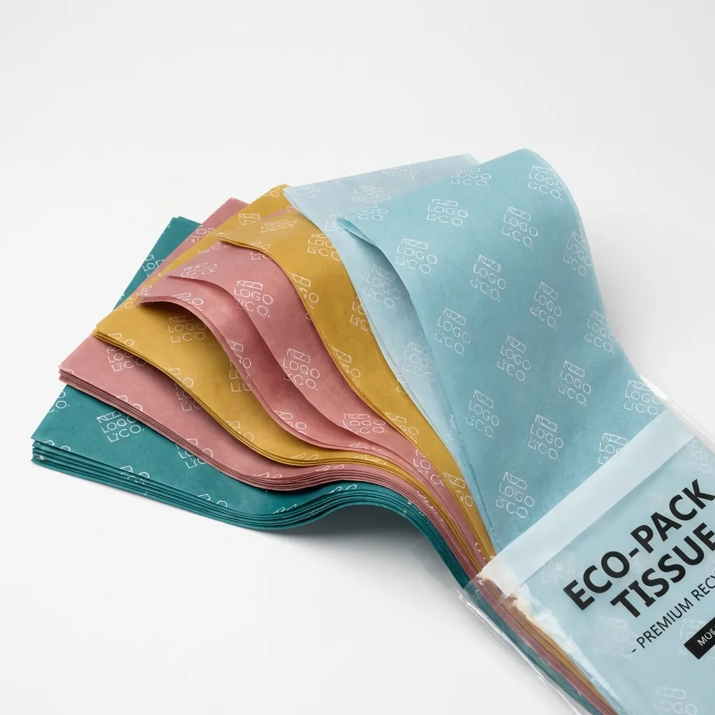 Colored tissue paper sheets stacked and fanned out with custom repeating brand pattern