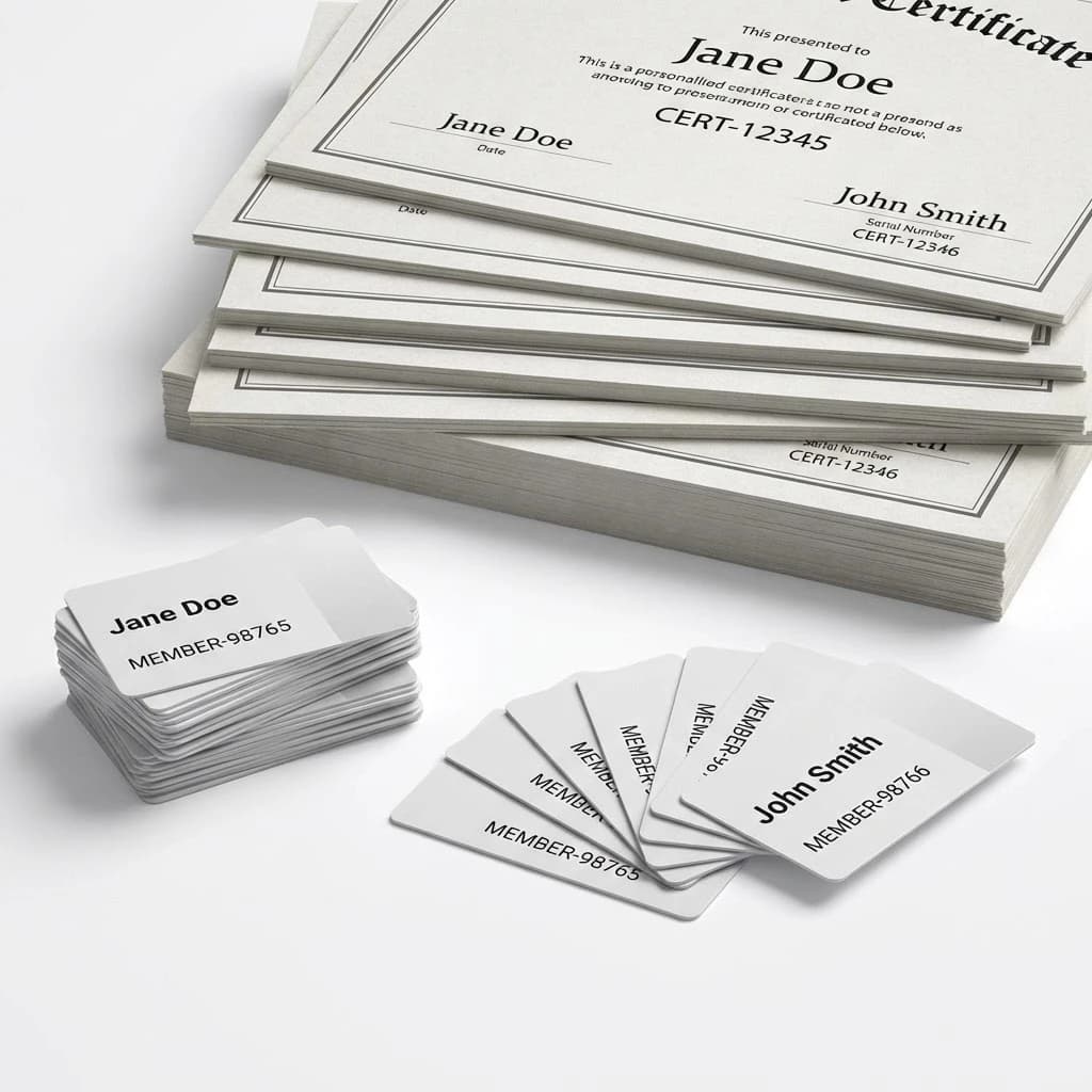 Batch variable data printing output showing personalized certificates and membership cards with unique serial numbers