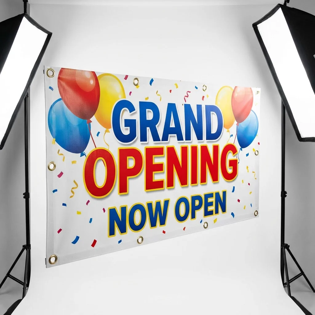 Large format vinyl banner with grommets featuring full color grand opening design printed on durable outdoor vinyl