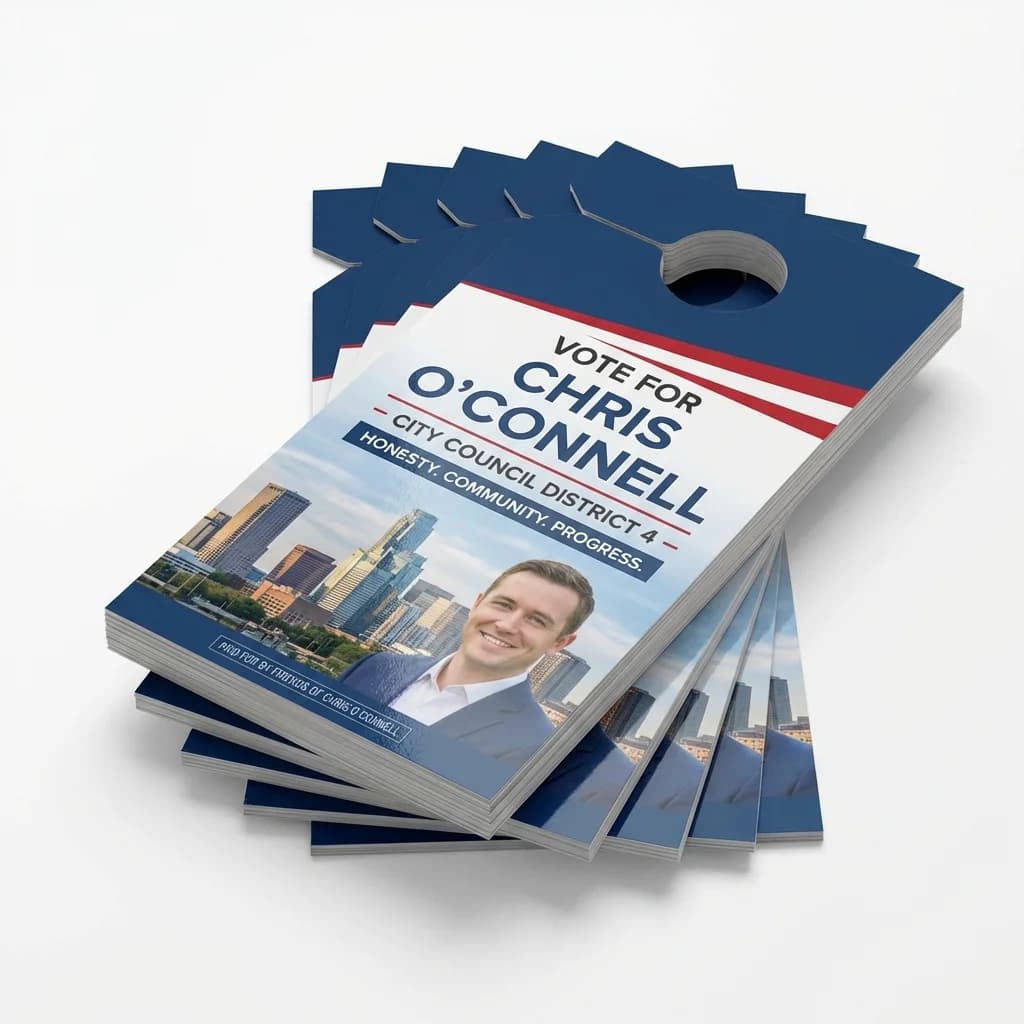Premium thick cardstock campaign door hangers with UV coating for weather-resistant political canvassing