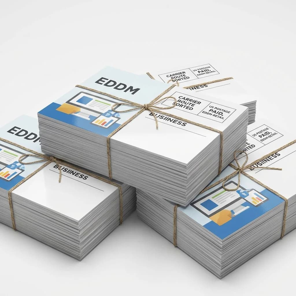 Bundled EDDM mail pieces sorted by carrier route ready for USPS postal delivery