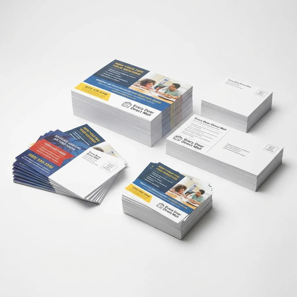 EDDM mailers in various USPS-approved sizes stacked showing front and back printing