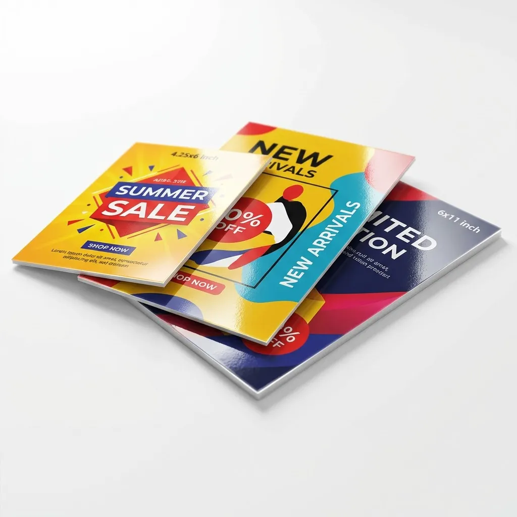 Printed postcards in 4.25x6, 6x9, and 6x11 jumbo sizes fanned out showing UV coated glossy finish and full color marketing designs