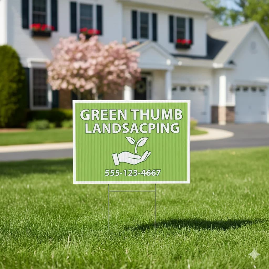 Contractor yard sign for landscaping company installed on suburban lawn