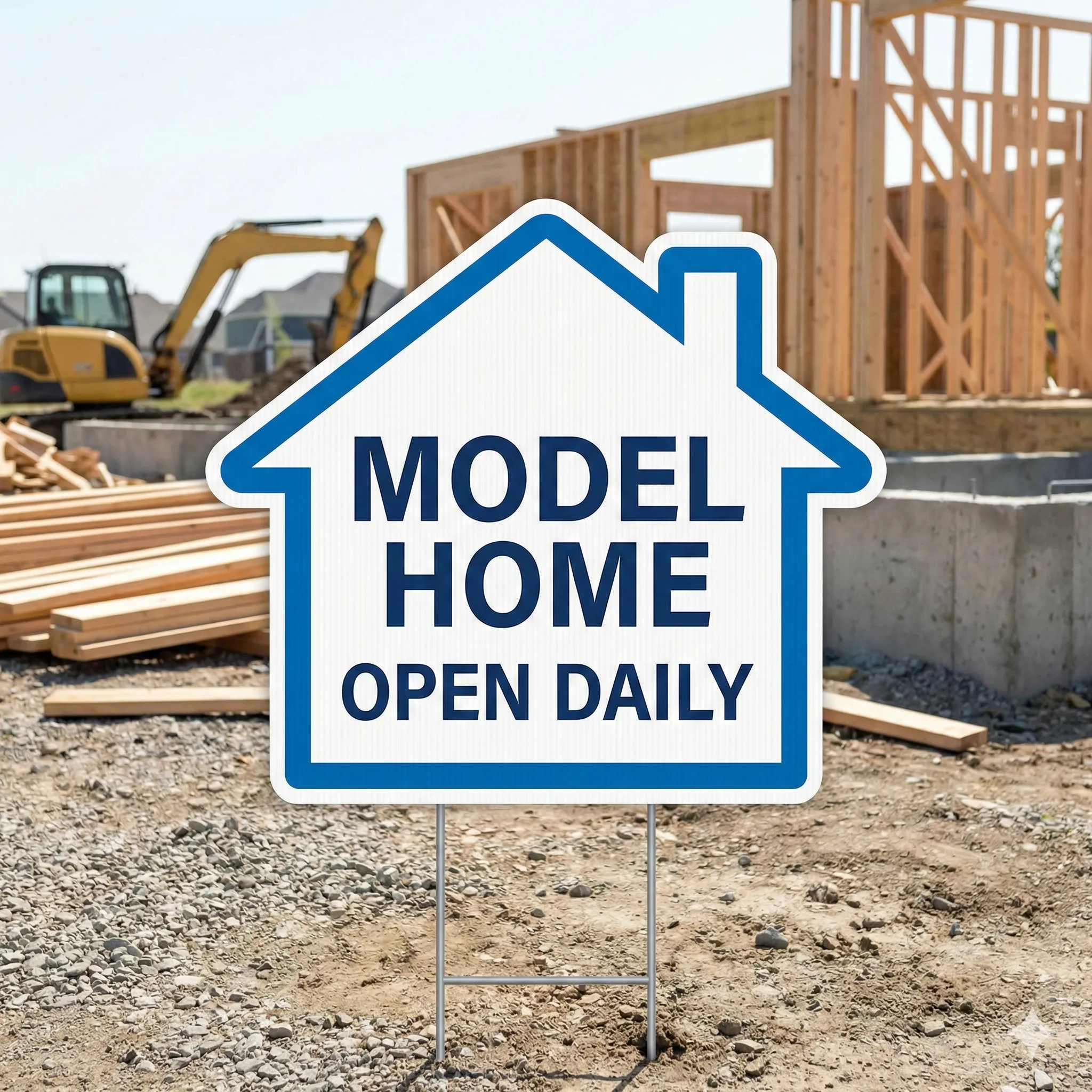 Custom house-shaped yard sign for home builder at construction site