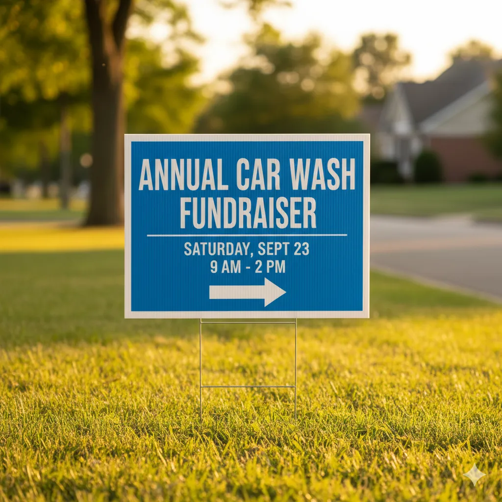 Event promotion yard sign for community fundraiser with directional arrow